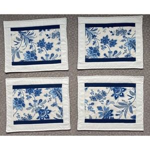 4 Two Sided Placemats Table Linens Beige Blue Floral Flowers Winter